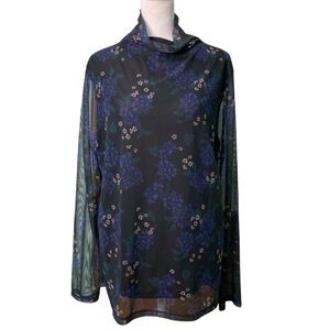 Ann Taylor Factory Black & Blue Dark‎ Floral Sheer Mock Neck Blouse (Size XXL)